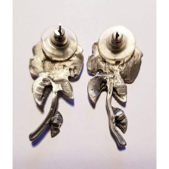 Pewter Roses Handmade Earrings Floral Post Drop Style SC407 - Picture 4 of 9